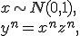x^n,\;\; x \sim N(0,1), <br> y^n = x^n + z^n, \;\; z\sim N(\mu,\sigma^2).
