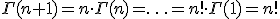 \Gamma(n+1)=n\cdot\Gamma(n)=\ldots=n!\cdot\Gamma(1)=n!