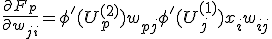 \frac{\partial F_p}{\partial w_{ji}} = \phi'(U_p^{(2)})w_{pj}\phi'(U_j^{(1)})x_iw_{ij}