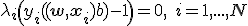 \lambda _i \left( {y_i (({\bf{w}},{\bf{x}}_i ) + b) - 1} \right) = 0,\quad i = 1,...,N