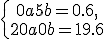 \left\{\begin{matrix} 0a + 5b = 0.6,\\ 20a + 0b = 19.6 \end{matrix}\right.