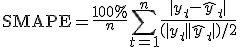 \text{SMAPE} = \frac{100\%}{n} \sum_{t=1}^n \frac{|y_t - \hat{y}_t|}{(|y_t| + |\hat{y}_t|)/2}