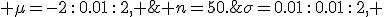 \sigma=0.01\,:\,0.01\,:\,2, \;\; \mu=-2\,:\,0.01\,:\,2, \;\; n=50.