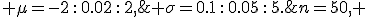 n=50, \;\; \mu=-2\,:\,0.02\,:\,2,\;\; \sigma=0.1\,:\,0.05\,:\,5.