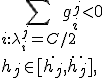 
\textrm{$h_j$ = }
\begin{cases}
\dot{h_j} = \max\{\max_{i: \lambda_i = 0, g_i = -1}(a^Tx_i + 1), \max_{i: \lambda_i = C/2, g_i = 1}(a^Tx_i - 1)\}, & \sum_{i: \lambda_i^j = C/2} g_i^j > 0 \\
\ddot{h_j} = \min\{\min_{i: \lambda_i = C/2, g_i = -1}(a^Tx_i + 1), \min_{i: \lambda_i = 0, g_i = 1}(a^Tx_i - 1)\}, & \sum_{i: \lambda_i^j = C/2} g_i^j < 0 \\
h_j \in [\dot{h_j}, \ddot{h_j}], & \sum_{i: \lambda_i^j = C/2} g_i^j = 0
\end{cases}
