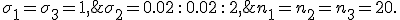   \sigma_1=\sigma_3 = 1,\;\; \sigma_2 = 0.02\,:\,0.02\,:\,2, \;\; n_1=n_2=n_3=20.