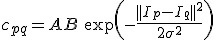  c_{pq} = A + B\:\exp\left(-\frac{|| I_p - I_q  ||^2}{2\sigma^2}\right) 