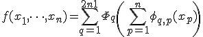  f(x_1, \dots, x_n) = \sum_{q=1}^{2n+1} \Phi_q \left( \sum_{p=1}^n \phi_{q,p}(x_p) \right) 