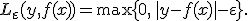 L_{\varepsilon}(y,f(x))=\max\{0,\,|y-f(x)|-\varepsilon\}.