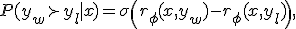 P(y_w \succ y_l \mid x) = \sigma\!\left(r_\phi(x, y_w) - r_\phi(x, y_l)\right),