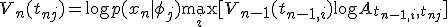 V_n(t_{nj})=\log p(x_n|\phi_j) + \max_i[V_{n-1}(t_{n-1,i}) + \log A_{t_{n-1,i},t_{nj}}]