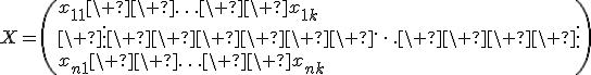 X=\(x_{11}\ \ \ldots\ \ x_{1k}<br>\ \vdots\ \ \ \ \ \ \ddots\ \ \ \ \vdots<br>x_{n1}\ \ \ldots\ \ x_{nk}\)\;