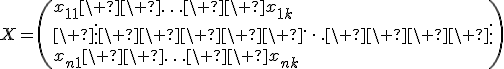 X=\(x_{11}\ \ \ldots\ \ x_{1k}<br>\ \vdots\ \ \ \ \ \ddots\ \ \ \ \vdots<br>x_{n1}\ \ \ldots\ \ x_{nk}\)\;