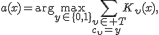 a(x)=\arg\max_{y\in\{0,1\}}\sum_{\upsilon\in T\\c_{\upsilon}=y}K_{\upsilon}(x),