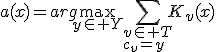 a(x)=arg\max_{y\in Y}\sum_{v\in T\\c_v=y}K_v(x)