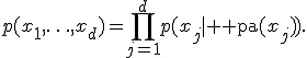 p(x_1,\ldots,x_d)=\prod_{j=1}^{d}p(x_j\mid {\rm pa}(x_j)).