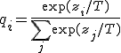 q_i = \frac{\exp(z_i / T)}{\sum_{j} \exp(z_j / T)}